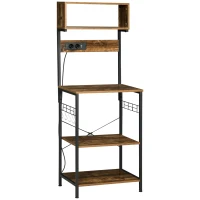 HOMCOM Estantería de Cocina Mueble para Microondas con Toma de Corriente 2 Cargadores USB 5 Ganchos 60x42x153 cm Marrón(m-1)