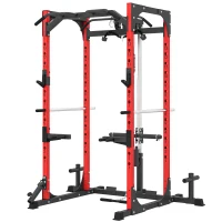 SPORTNOW Stazione Fitness con Supporto per Bilanciere e Barra per Trazioni e Dip, in Acciaio, 191x153x205 cm, Rosso e Nero(m-10)