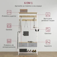 HOMCOM Móvel Cabide de Entrada com Banco Sapateira 8 Ganchos 2 Gavetas de Tecido Barra Prateleira 80x30x180,5 cm Branco e Madeira(m-5)