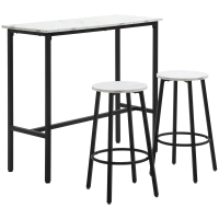HOMCOM Ensemble table de bar + 2 tabourets structure en acier plateau aspect marbre 2 personnes blanc