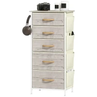 HOMCOM Chest of Five Fabric Drawers - Natural Wood Finish(m-11)