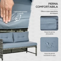 Outsunny Mobilier pentru gradina cu canapea 2 locuri, sezlong si masuta, set pentru gradina din ratan PE si geam cu perne, gri(m-5)