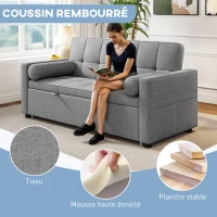 HOMCOM Canapé convertible 2 places 3 en 1 canapé-lit avec lit gigogne double dossier réglable 2 coussins 80,5x137,5x84cm gris(m-6)