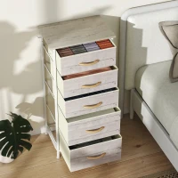 HOMCOM Chest of Five Fabric Drawers - Natural Wood Finish(m-8)