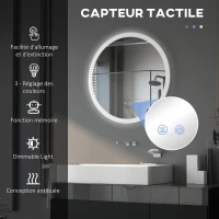 kleankin Miroir rond lumineux LED de salle de bain Ø 70 cm mural éclairage interrupteur tactile système antibuée 35W blanc argent(m-4)