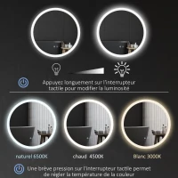 kleankin Miroir rond lumineux LED de salle de bain Ø 70 cm mural éclairage interrupteur tactile système antibuée 35W blanc argent(m-5)