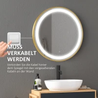 kleankin Runder Spiegel mit LED-Beleuchtung, Uhrzeitanzeige, Memoryfunktion, Gold + Silber(m-7)