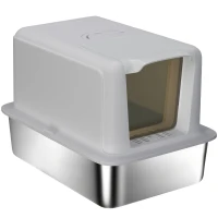 PawHut Stainless Steel Cat Litter Box with Removable Lid, Scoop, Filter Bags, for Larger Cats, Grey(m-11)