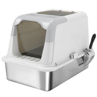 PawHut Extra Large Stainless Steel Litter Box, Enclosed Cat Litter Tray with Scoop, Deodorizer Bag, Front-Entry and Top-Exit(m-1)