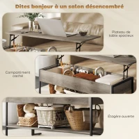 HOMCOM Table basse avec plateau relevable, table de salon avec compartiment caché et étagère ouverte, 95x40x59cm, gris(m-6)