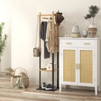 HOMCOM Perchero de Pie de Bambú con 2 Estantes 2 Ganchos 5 Barras con Estructura de Acero para Colgar Ropa Natural y Negro(m-6)