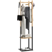 HOMCOM Perchero de Pie de Bambú con 2 Estantes 2 Ganchos 5 Barras con Estructura de Acero para Colgar Ropa Natural y Negro(m-10)