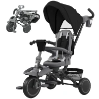 AIYAPLAY Triciclo Evolutivo 6 en 1 Plegable Asiento Giratorio de 360° Mango Parental Respaldo Reclinable Toldo Negro(m-11)