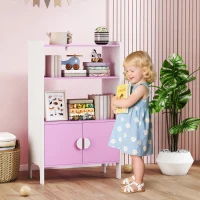 AIYAPLAY Libreria per bambini, 2 Ripiani, 2 Armadietti, autoportante, Design anti-ribaltamento, Piedini antiscivolo, MDF, Rosa+bianco(m-2)