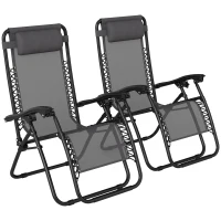 Outsunny Zero Gravity Chair Set of 2, Metal Frame Texteline Armchair Outdoor Folding and Reclining Sun Lounger with Head Pillow for Patio Decking Gardens Camping, Grey(m-10)