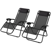 Outsunny Zero Gravity Chair Set of 2, Metal Frame Texteline Armchair Outdoor Folding and Reclining Sun Lounger with Head Pillow for Patio Decking Gardens Camping, Black(m-1)