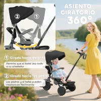 AIYAPLAY Triciclo Evolutivo 6 en 1 Plegable Asiento Giratorio de 360° Mango Parental Respaldo Reclinable Toldo Negro(m-5)