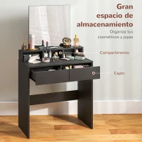 HOMCOM Mesa de Maquillaje con Espejo 2 Cajones 3 Compartimentos Tocador para Dormitorio 75x38x135 cm Negro(m-4)