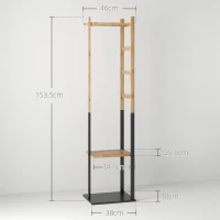 HOMCOM Perchero de Pie de Bambú con 2 Estantes 2 Ganchos 5 Barras con Estructura de Acero para Colgar Ropa Natural y Negro(m-3)