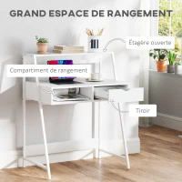 HOMCOM Bureau secrétaire Bureau Informatique Style néo-rétro tiroir Niche étagère métal Blanc(m-4)
