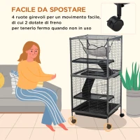 PawHut Gabbia per Piccoli Roditori in Acciaio, Gabbietta per Porcellini d'India e Cincillà con 3 Piani, 4 Ruote, Amaca e Vassoio Rimovibile, 52 x 52 x 113.5cm, Grigio Argento(m-5)