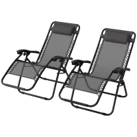 Outsunny Zero Gravity Chair Set of 2, Metal Frame Texteline Armchair Outdoor Folding and Reclining Sun Lounger with Head Pillow for Patio Decking Gardens Camping, Grey(m-1)