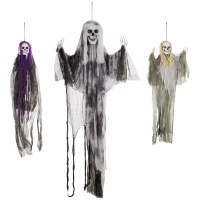 HOMCOM Set of 3 Hanging Skeleton Halloween Decorations, Scary Flying Ghost for Garden, Party, 90/110/170cm(m-10)