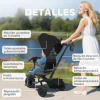 AIYAPLAY Triciclo Evolutivo 6 en 1 Plegable Asiento Giratorio de 360° Mango Parental Respaldo Reclinable Toldo Negro(m-9)