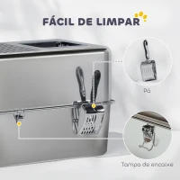 PawHut Caixa de Areia para Gatos em Aço Inoxidável XL  com Pá Aberturas Duplas Fácil de Limpar 60x39,6x40,1 cm Prateado(m-7)