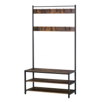 HOMCOM Perchero con Zapatero Perchero con 12 Ganchos Banco de 3 Estantes de Estilo Industrial 100x40x184 cm Marrón y Negro(m-10)