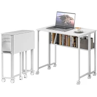 HOMCOM Bureau Pliant Gain de Place à Rabat avec Étagère, Pochette de Rangement et Roues, Blanc(m-1)