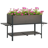 Outsunny Huerto Urbano Elevado de Madera 140x46x75,5 cm Mesa de Cultivo de Jardín con 2 Baldas Laterales Estante Inferior y 2 Orificios de Drenaje para Plantas Flores Gris(m-10)
