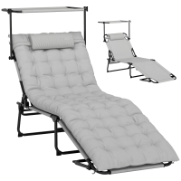 Outsunny Chaise longue pliable avec auvent, Matelas de jardin, Chaise longue avec dossier ajustable en 4 positions Gris clair