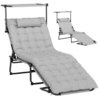 Outsunny Chaise longue pliable avec auvent, Matelas de jardin, Chaise longue avec dossier ajustable en 4 positions Gris clair(m-1)