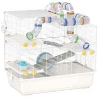 PawHut Cage pour Hamsters à 4 Niveaux avec Tubes, Roue, 3 Portes et Plateau, en Métal, PP et PS, 78x45x73 cm, Blanc(m-6)