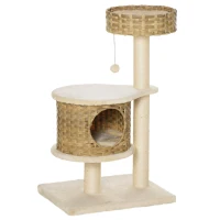 PawHut Arbre à Chat Rotin 95 cm Hauteur 3 Étages avec Plateforme, Panier Chat, Arbre à Chat avec Cabane à Chats Poteaux Sisal Boules de Jeux Mobilier pour Chat Sisal Nature+Beige(m-6)