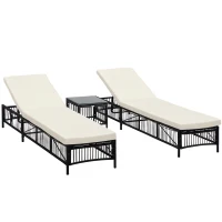 Outsunny Conjunto de 2 Espreguiçadeiras de Vime Sintético com Mesa de Centro Encosto Reclinável em 5 Posições 196x54x32cm Preto(m-10)