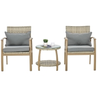 Outsunny Salon de Jardin en Rotin avec 2 Fauteuils avec Coussins et Table en Verre, Marron et Gris