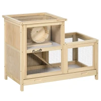 PawHut Wooden Hamster Cage with Sliding Tray, 2 Tiers Gerbil Cage Mice Rodent Small Animal Hutch with Run Area, Openable Roofs, Ramp, Seesaw, Running Wheel, 78 x 41.5 x 60 - Natural(m-1)