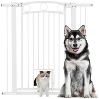 PawHut Barrière de Sécurité pour Animaux de 106 cm de hauteur avec largeur ajustable, porte pour chat intégrée, pour escaliers et encadrements de porte, Blanc(m-6)