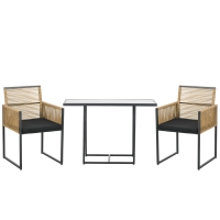 Outsunny Set de Mesa de Cristal y 2 Sillas de Ratán Sintético con Respaldos Plegables Diseño Anidado con Cojines Natural y Negro
