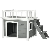 PawHut Hundehütte, Dachterrasse, Treppe, Fenster, Bodenabstand, Naturholz, hellgrau, 121 x 77 x 78cm(m-1)