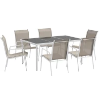 Outsunny Juego de Comedor de Jardín de 7 Piezas con 1 Mesa 6 Sillas Apilables para Terraza Patio Blanco y Gris(m-1)