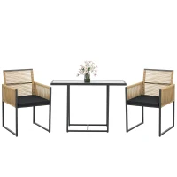 Outsunny Conjunto de 3 Peças de Jardim com 2 Cadeiras de Vime com Encosto Dobrável e Almofadas e Mesa de Vidro Natural e Preto(m-10)