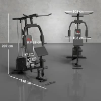 HOMCOM Multiestación Máquina de Musculación con Estribo para Piernas Poleas y Placas de Peso de 45 kg para Entrenamiento Fitness en Hogar Gimnasio 148x108x207 cm Negro(m-3)
