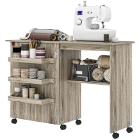 HOMCOM Table de couture pliante meuble couture à abattant avec bacs de rangement, étagère ouverte et roulettes effet bois grisé(m-1)
