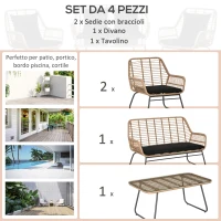 Outsunny Set Mobili da Giardino Stile Boho in Rattan PE con 2 Poltrone, Divanetto e Tavolino(m-4)