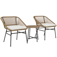 Outsunny Ensemble de jardin 3 pièces en rotin PE et acier avec 2 chaises avec coussins et table ronde, Multicolore