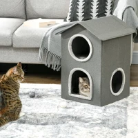 PawHut Maison pour Chats à Deux Niveaux avec Coussins Lavables 3 entrées, 42x46x59.5 cm, Gris(m-4)