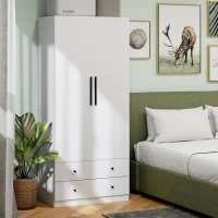 HOMCOM Armoire à 2 Portes avec Espace de Suspension, Tringle à Vêtements, 2 Tiroirs, Panneau de Particules, Blanc(m-4)